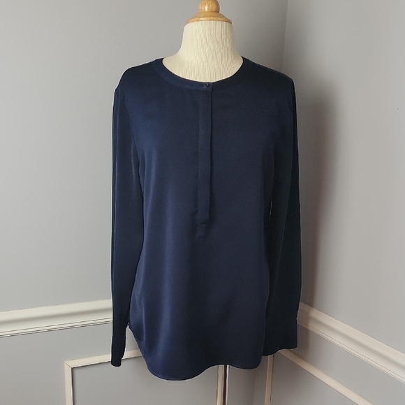 J. Crew Tops - J.CREW Navy Blue Crewneck Half Button Long Sleeve Professional Casual Blouse L